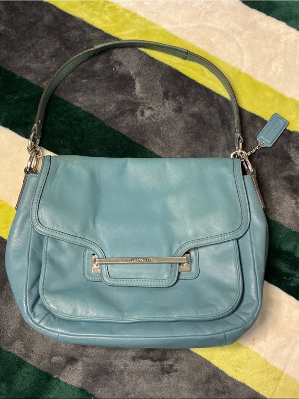 Coach Blue Leather Shoulder Bag with Silver Hardware